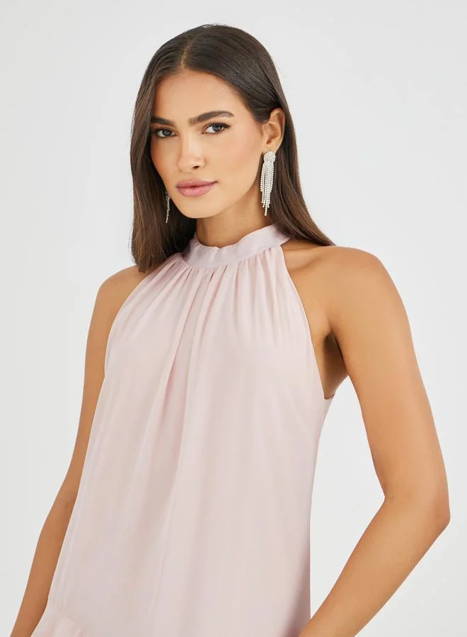 Styli Styli Solid Halter Neck Ruffled Tiered Maxi Dress