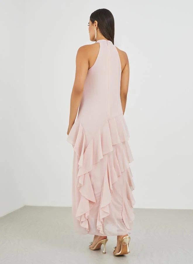 Styli Styli Solid Halter Neck Ruffled Tiered Maxi Dress
