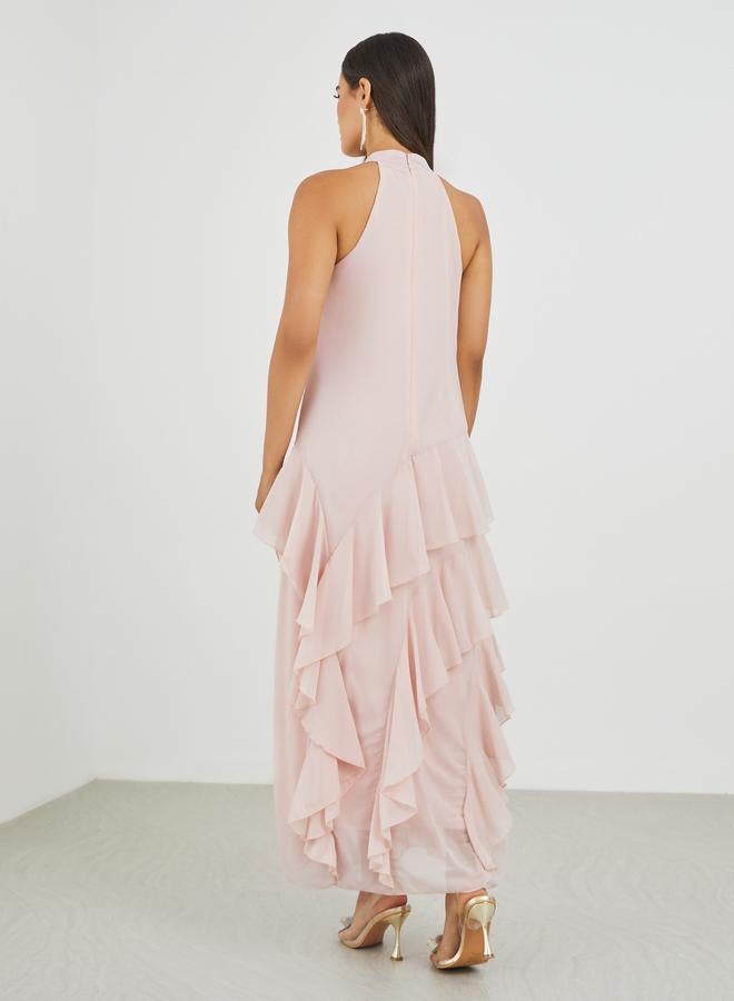 Styli Solid Halter Neck Ruffled Tiered Maxi Dress - Image 5