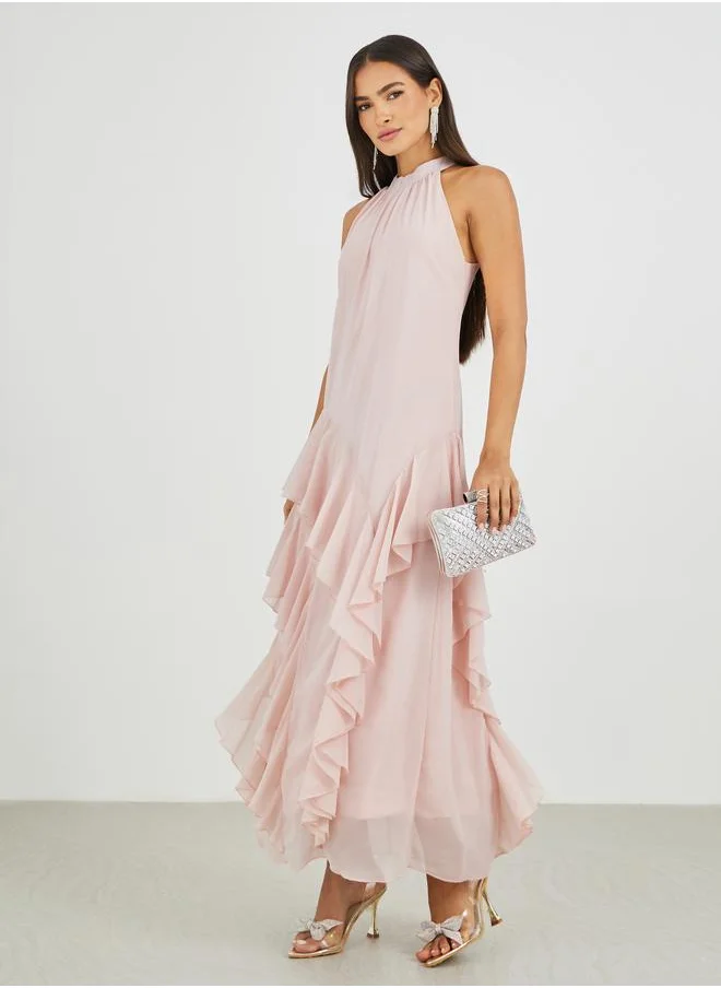 Styli Styli Solid Halter Neck Ruffled Tiered Maxi Dress