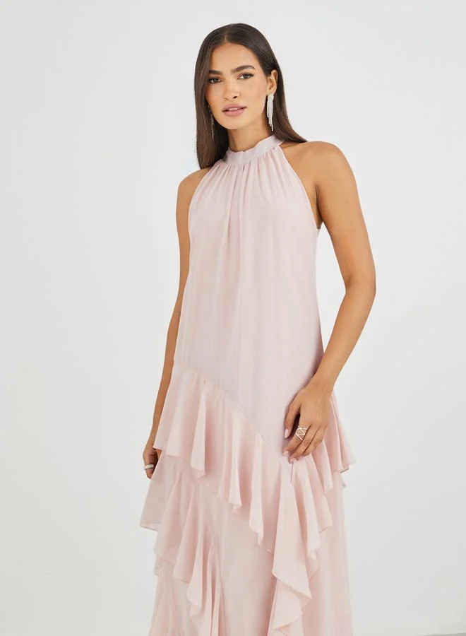 Styli Styli Solid Halter Neck Ruffled Tiered Maxi Dress