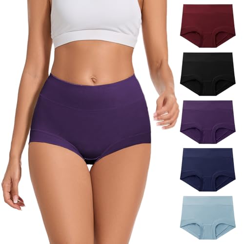 ALLBASE womens Cotton Underwear Ladies High Waisted Full Coverage Stretch Postpartum Panties Pack of 5,Multicolor,Large - Image 3