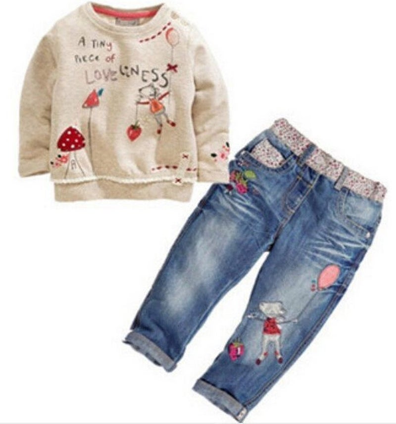 MAXIMGR Little Girl's Long Sleeve Cartoon Pullover Shirt and Jeans Pants Outfit Set, Apricot, 5T - Image 1
