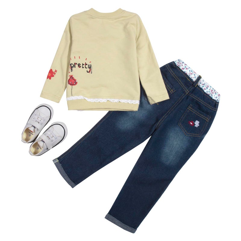 MAXIMGR Little Girl's Long Sleeve Cartoon Pullover Shirt and Jeans Pants Outfit Set, Apricot, 5T - Image 3