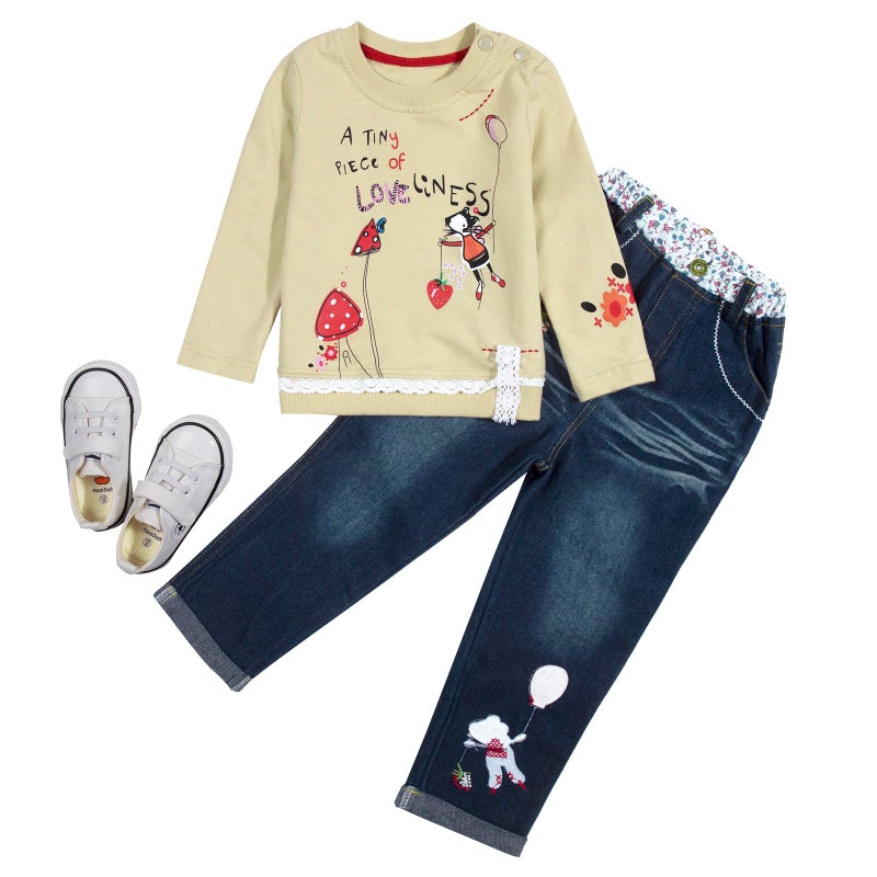 MAXIMGR Little Girl's Long Sleeve Cartoon Pullover Shirt and Jeans Pants Outfit Set, Apricot, 5T - Image 2