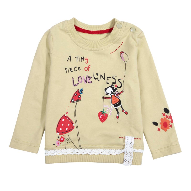 MAXIMGR Little Girl's Long Sleeve Cartoon Pullover Shirt and Jeans Pants Outfit Set, Apricot, 5T - Image 4