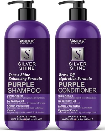VANIDOX Sulfate Free Brass Toning Purple Shampoo and Conditioner Set for Grey and Silver Hair, Moisturizing & Color-Safe, Enhances Shine & Brightness, Made in USA (16 fl oz each) - Image 1