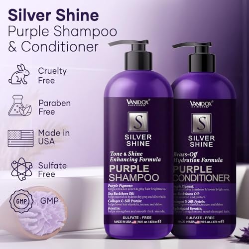 VANIDOX Sulfate Free Brass Toning Purple Shampoo and Conditioner Set for Grey and Silver Hair, Moisturizing & Color-Safe, Enhances Shine & Brightness, Made in USA (16 fl oz each) - Image 2