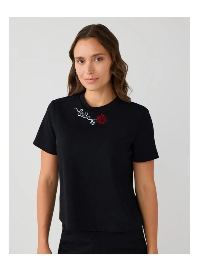 Jimmy Key Black 100% cotton crew neck floral design T‑shirt.