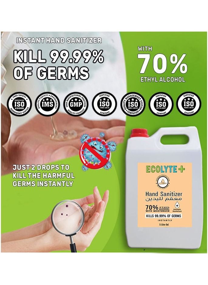 ECOLYTE+ - Ecolyte+ 24 Hour Protection Hand Sanitizer Gel - 99.99% Effective Against Germs -70% Alcohol, Moisturizer, Skin Friendly and Safe for Kids, Instant Germ-Free Protection, (5 Litre) - Image 1