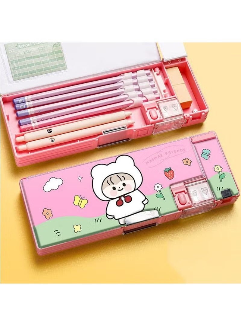 Creative Multi-functional Plastic Stationery Box for Primary School Students Double-sided Magnetic Pencil Calculator Sharpener (Pink, Dream Girl) - Image 1