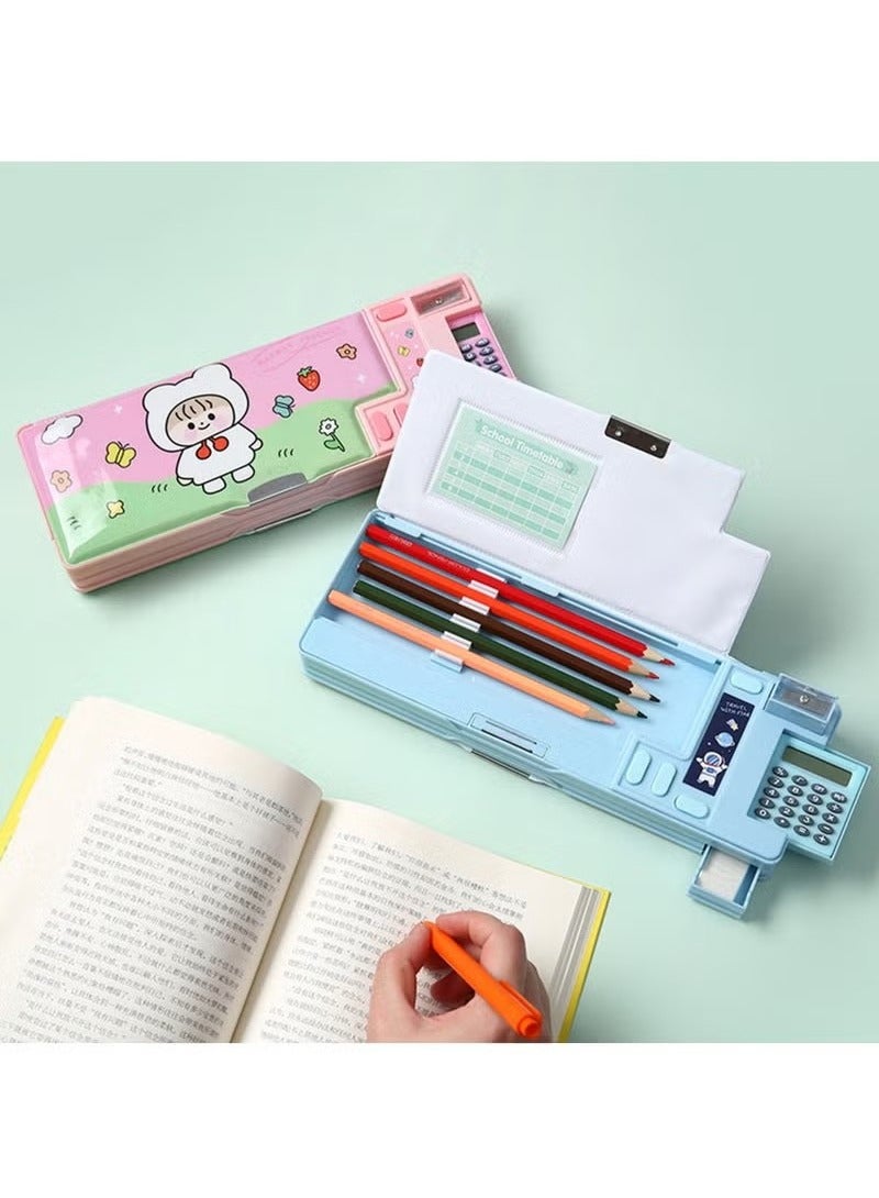 Creative Multi-functional Plastic Stationery Box for Primary School Students Double-sided Magnetic Pencil Calculator Sharpener (Pink, Dream Girl) - Image 2