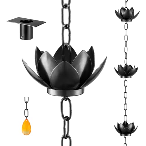 Oak Leaf Rain Chain with Adapter, 8.5ft Adjustable Lotus Rain Catcher Chain for Gutters Outside Downspout, for Divert Water and Home Display, Black Powder Coated - Image 1