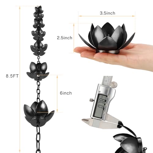 Oak Leaf Rain Chain with Adapter, 8.5ft Adjustable Lotus Rain Catcher Chain for Gutters Outside Downspout, for Divert Water and Home Display, Black Powder Coated - Image 3