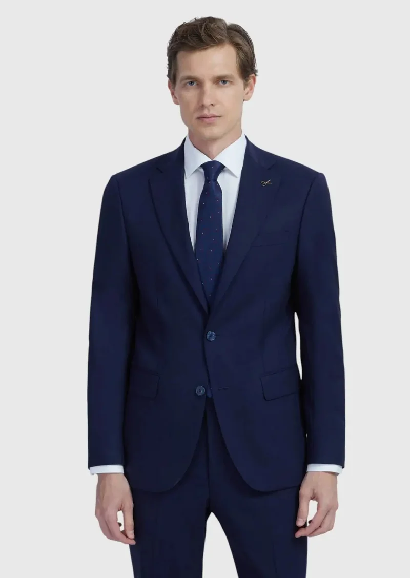 RAMSEY Navy Blue Plain Modern Fit Wool Blended Suit