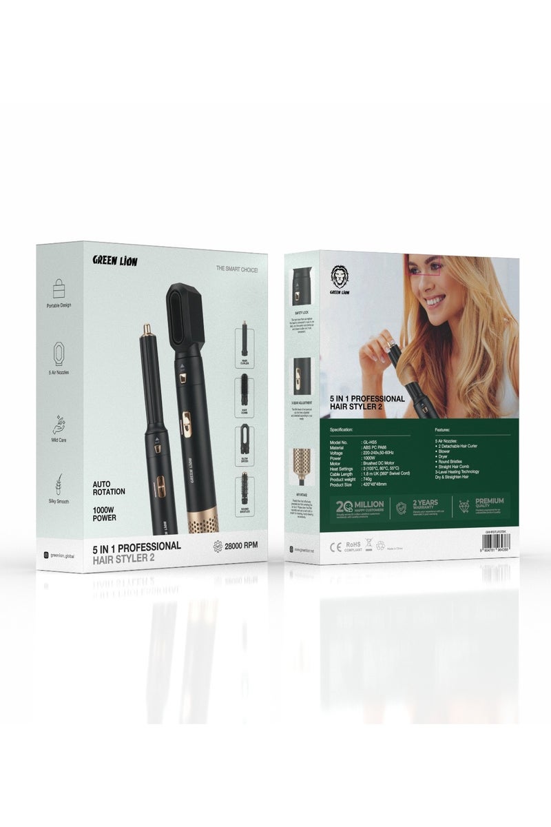 GREEN LION 5 in 1 Professional Hot Hair Styler 2 with Dry & Straighten Hair & Power 1000W / 3-Level Heating Technology / 2 Detachable Hair Curlers / Dryer & Blower - Black - Image 3