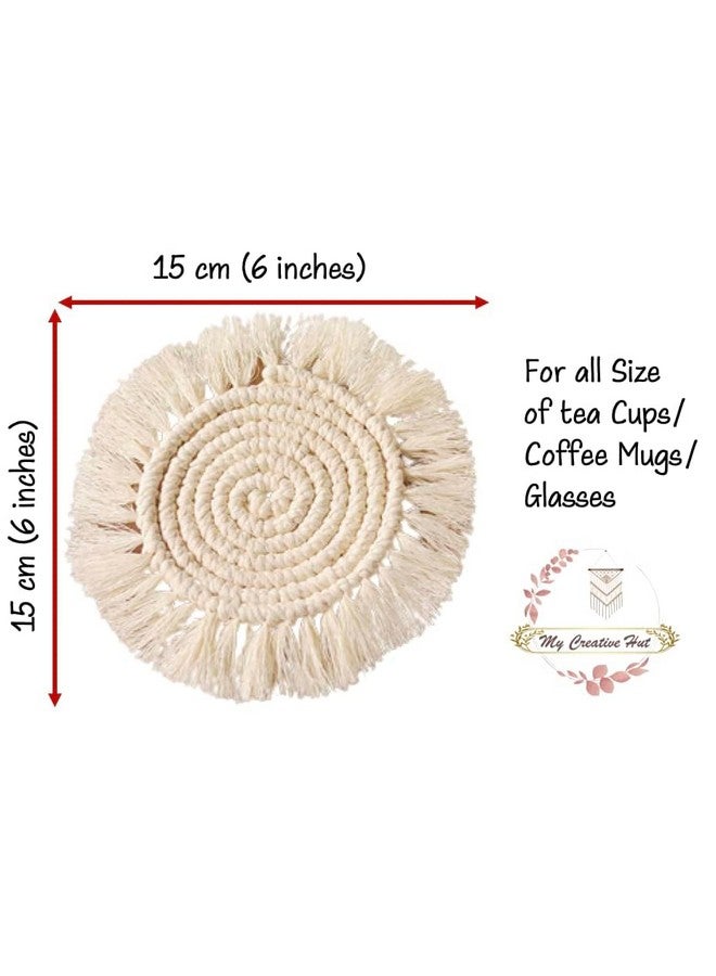 MY CREATIVE HUT My Creative Hut Macrame Set of 2 Round Coasters Bohemian Style, Handmade, More Absorbent, Traditional, Diwali Gifting, Multipurpose, Big Size (Off White) - Image 3