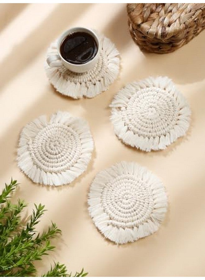 MY CREATIVE HUT My Creative Hut Macrame Set of 2 Round Coasters Bohemian Style, Handmade, More Absorbent, Traditional, Diwali Gifting, Multipurpose, Big Size (Off White) - Image 5