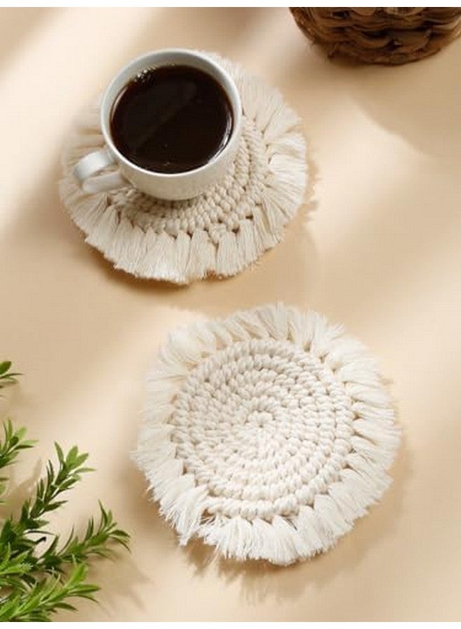 MY CREATIVE HUT My Creative Hut Macrame Set of 2 Round Coasters Bohemian Style, Handmade, More Absorbent, Traditional, Diwali Gifting, Multipurpose, Big Size (Off White) - Image 1