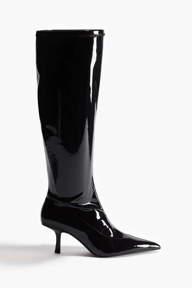 اتش اند ام بووت بطول يصل للركبة من الجلد اللامع