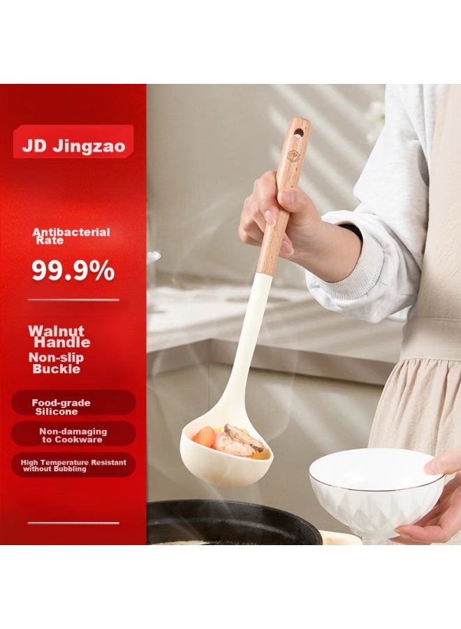 JD.com Jd Jingzao Antibacterial Silicone Soup Ladle With Beech Wood Extended Handle, Non-stick Large Soup Spoon For Home Use, Extended Anti-scalding Ladle  - Image 1