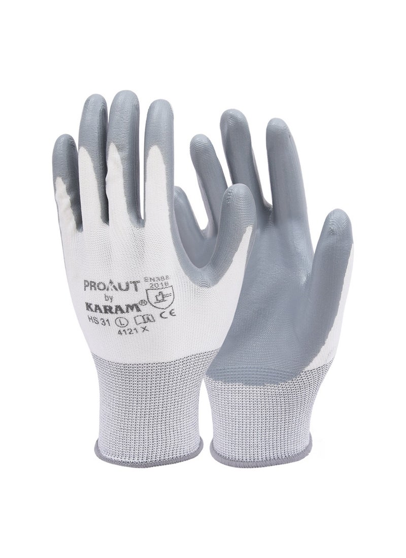 Karam Karam HS 31 White Liner With Grey Smooth Nitrile Coating Gloves Grey/White Large