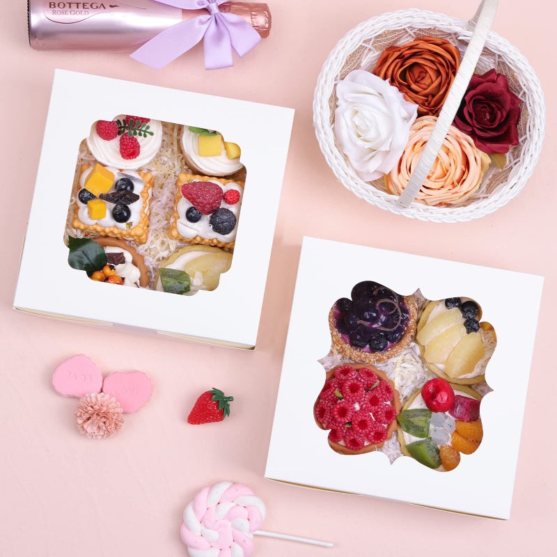 TOMNK 60pcs Cookie Boxes, 8x8x2.5 Inches Bakery Boxes with 2 Style Windows for Chocolate Strawberries, Pie, Pastry, Dessert, Cake - Image 5