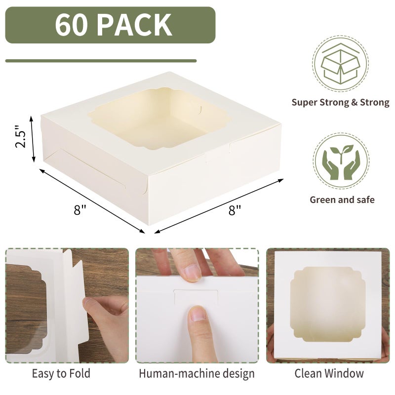 TOMNK 60pcs Cookie Boxes, 8x8x2.5 Inches Bakery Boxes with 2 Style Windows for Chocolate Strawberries, Pie, Pastry, Dessert, Cake - Image 2