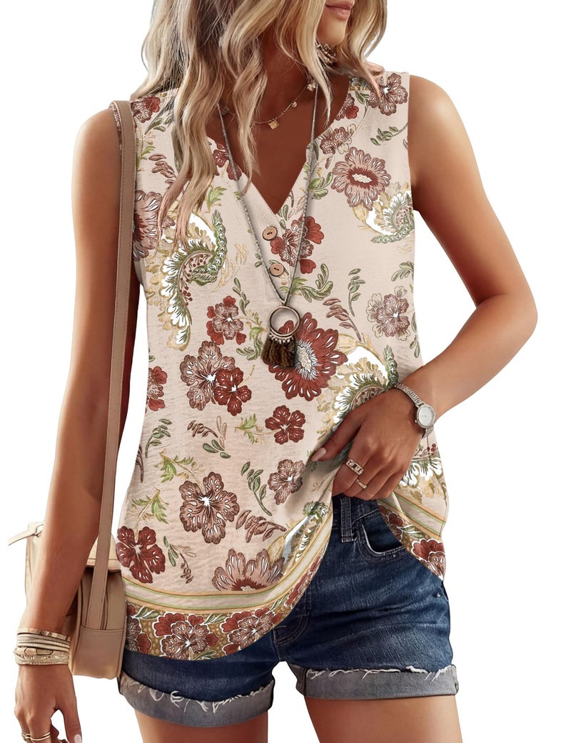 Micoson Tank Top for Women V Neck Sleeveless Tops Casual Henley Chiffon Business Blouses Loose Fit Linen Button Down T Shirts Apricot Red Floral L - Image 1
