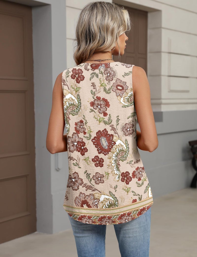 Micoson Tank Top for Women V Neck Sleeveless Tops Casual Henley Chiffon Business Blouses Loose Fit Linen Button Down T Shirts Apricot Red Floral L - Image 2