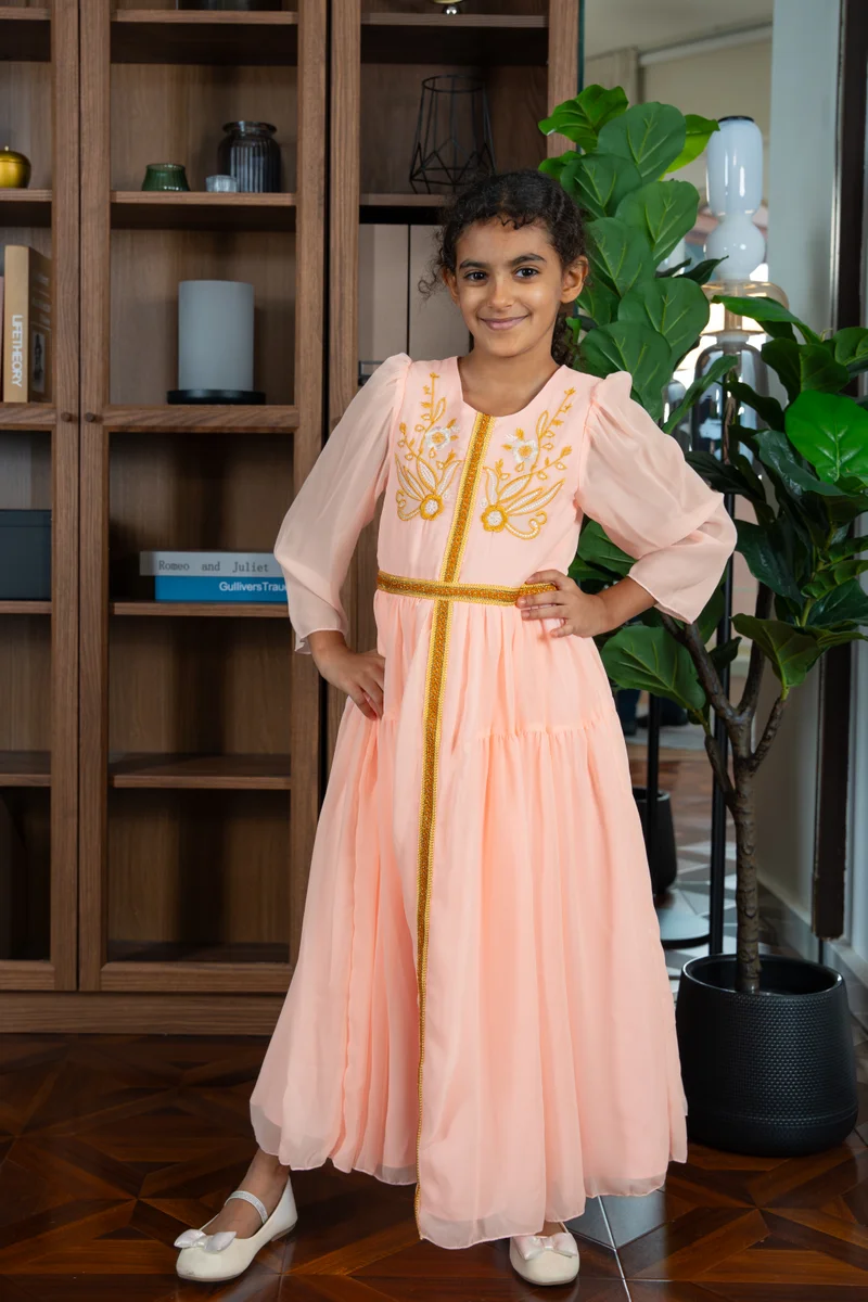 D'Daniela Djamila Embroidered Pink Jalabiya Abaya with Tie-Up Belt and  Sleeves -for Girl