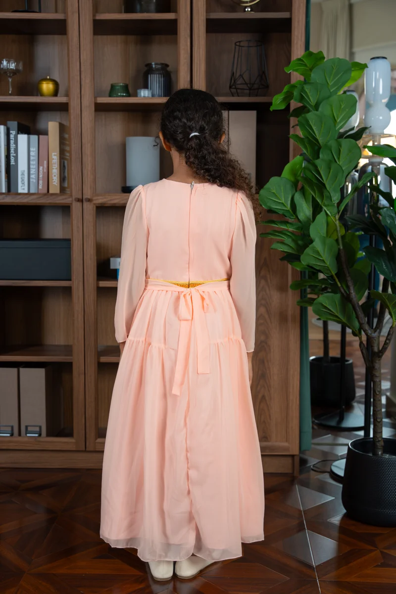 D'Daniela Djamila Embroidered Pink Jalabiya Abaya with Tie-Up Belt and  Sleeves -for Girl