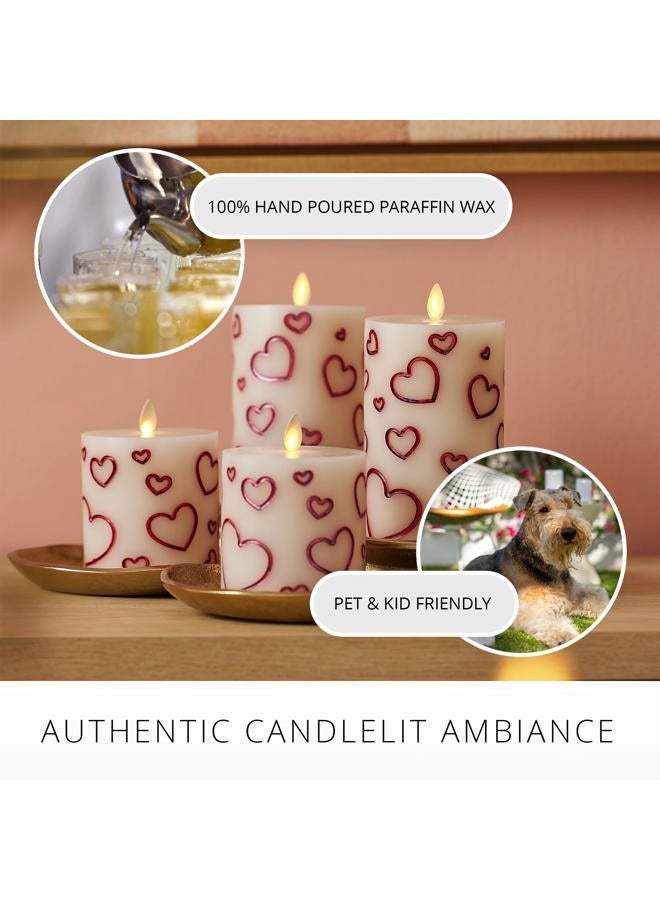 LUMINARA Pearl Ivory Flameless Moving Flame Candle Debossed Hearts Pillar with Metallic Raspberry Hearts Flameless LED Candle 3.4" x 4.5" - Image 5