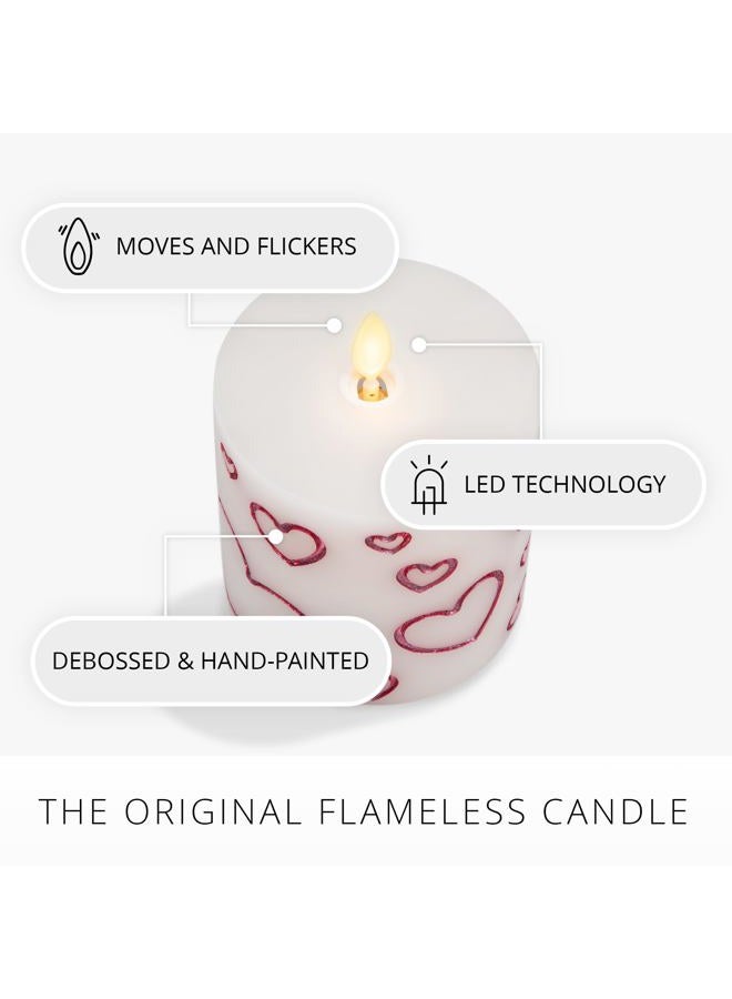 LUMINARA Pearl Ivory Flameless Moving Flame Candle Debossed Hearts Pillar with Metallic Raspberry Hearts Flameless LED Candle 3.4" x 4.5" - Image 3