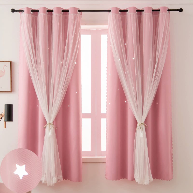 Ftinala Pink Curtains for Girls Bedroom  Blackout Aesthetic Star Cutout Double Layer with Sheer Overlay 63 Inch Long 2 Panels Set Nursery Curtain Kids Room Decor Drapes