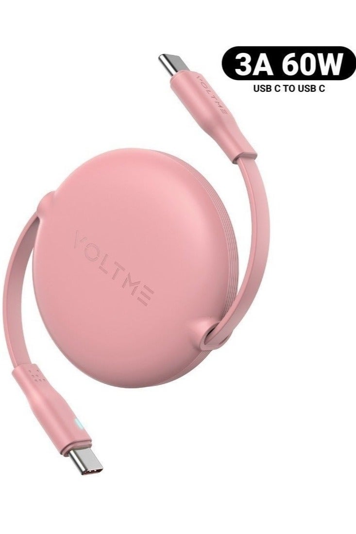 VOLTME 60W 3A Retractable Type C Cable with Power Delivery (PD) & E-Marker Chip (1m, 3ft) – Fast Charging & Data Sync USB-C to USB-C Cord Compatible with iPhone Air, 17/17 Pro/17 Pro Max, iPhone 16/16 Pro/16 Pro Max, iPhone 15 Series, iPad Pro M4, iPad Air M2, MacBook Pro/Air M3, Galaxy S25/S24 Ultra, Pixel 9 Pro, Huawei P60, Xiaomi 14, Steam Deck, ASUS ROG Alien, Nintendo Switch, PS5 Controller, iPad Mini 6, USB C Earbuds, Power Banks – Pink - Image 1