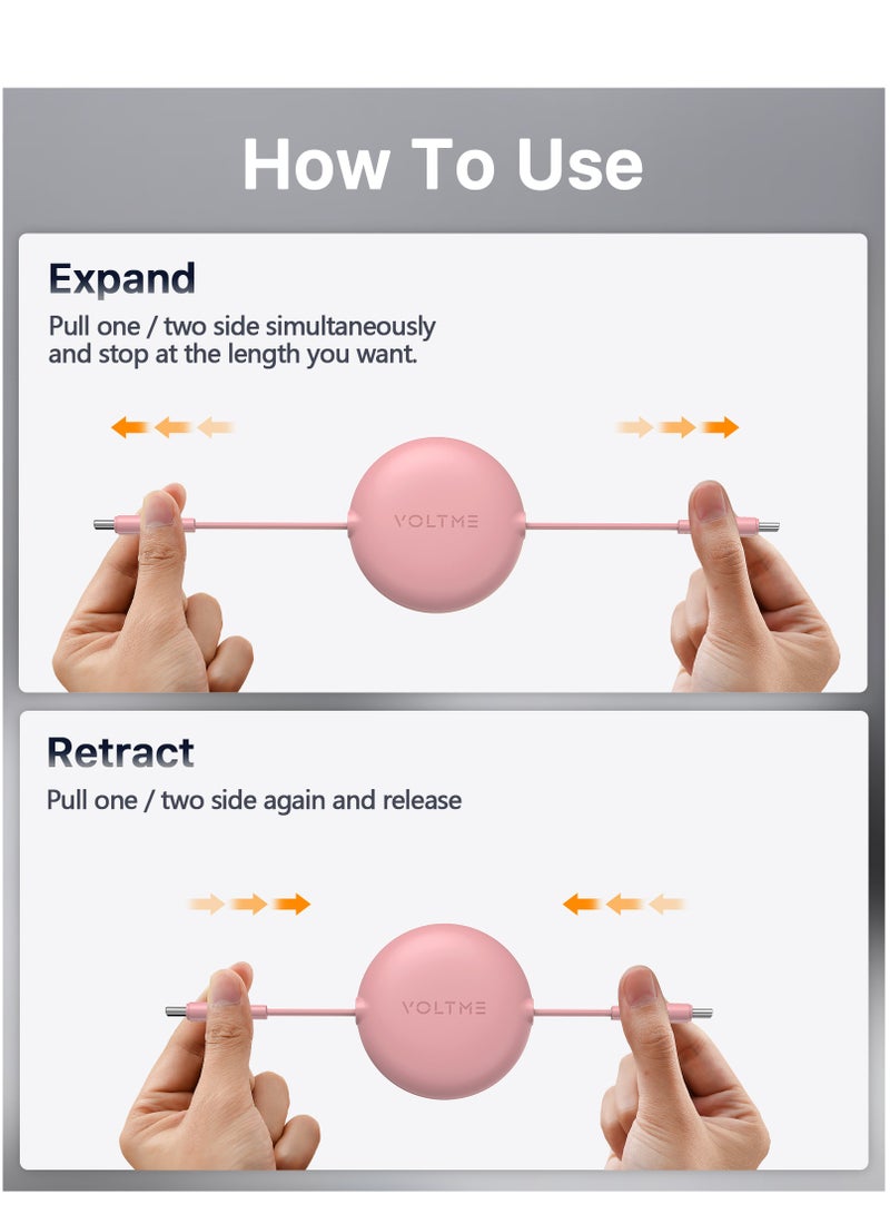 VOLTME 60W 3A Retractable Type C Cable with Power Delivery (PD) & E-Marker Chip (1m, 3ft) – Fast Charging & Data Sync USB-C to USB-C Cord Compatible with iPhone Air, 17/17 Pro/17 Pro Max, iPhone 16/16 Pro/16 Pro Max, iPhone 15 Series, iPad Pro M4, iPad Air M2, MacBook Pro/Air M3, Galaxy S25/S24 Ultra, Pixel 9 Pro, Huawei P60, Xiaomi 14, Steam Deck, ASUS ROG Alien, Nintendo Switch, PS5 Controller, iPad Mini 6, USB C Earbuds, Power Banks – Pink - Image 4