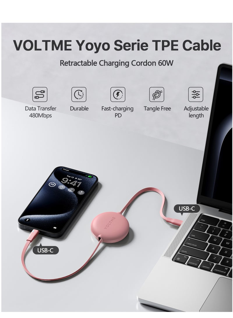 VOLTME 60W 3A Retractable Type C Cable with Power Delivery (PD) & E-Marker Chip (1m, 3ft) – Fast Charging & Data Sync USB-C to USB-C Cord Compatible with iPhone Air, 17/17 Pro/17 Pro Max, iPhone 16/16 Pro/16 Pro Max, iPhone 15 Series, iPad Pro M4, iPad Air M2, MacBook Pro/Air M3, Galaxy S25/S24 Ultra, Pixel 9 Pro, Huawei P60, Xiaomi 14, Steam Deck, ASUS ROG Alien, Nintendo Switch, PS5 Controller, iPad Mini 6, USB C Earbuds, Power Banks – Pink - Image 2