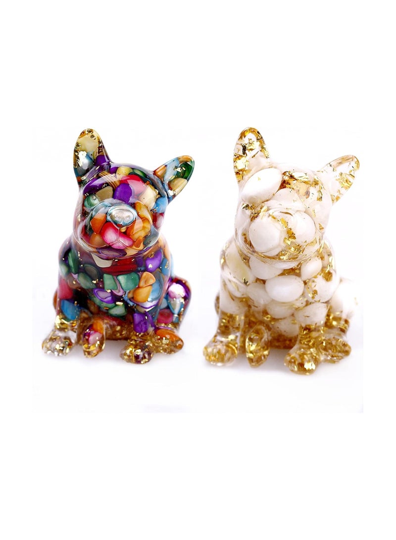 SOLARAE Natural Crystal Stone Dog Figurines, 2pcs Handcrafted Bulldog Epoxy Resin Figurines, Collectibles of Colorful Crystal Bulldog Ornaments, 3'' Gifts And Desktop Decoration for Interior Space and Reiki - Image 1