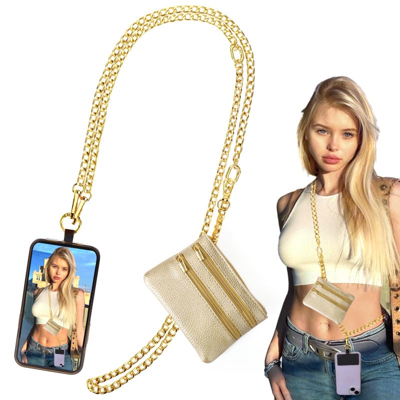 XANGNIER Clip and Go Strap for Phone with Wallet Crossbody, Phone Strap with Zippered Wallet, Adjustable Anti Theft Cellphone Lanyard for Women, Cellphone Chain Accessories,Chain Gold - Image 1