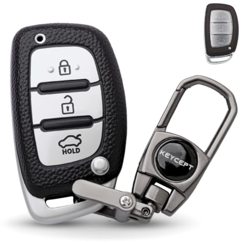 Keycept TPU Leather Key Cover Suitable for Hyundai Grand i10 Nios | Venue | i20 | Aura | Creta | Elantra 3 Button Smart Key. (Keychain 2, Silver) - Image 1