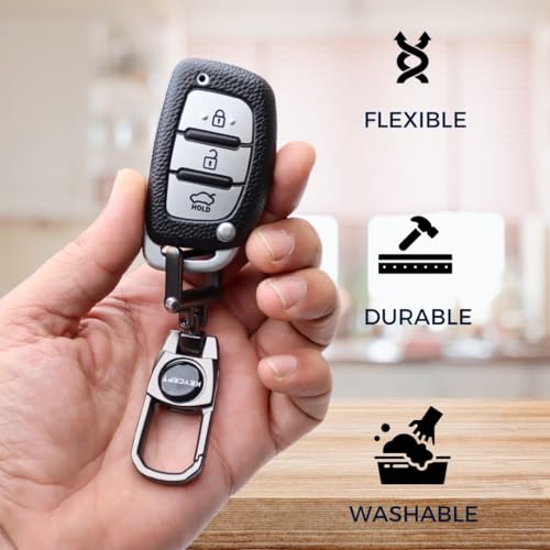 Keycept TPU Leather Key Cover Suitable for Hyundai Grand i10 Nios | Venue | i20 | Aura | Creta | Elantra 3 Button Smart Key. (Keychain 2, Silver) - Image 5