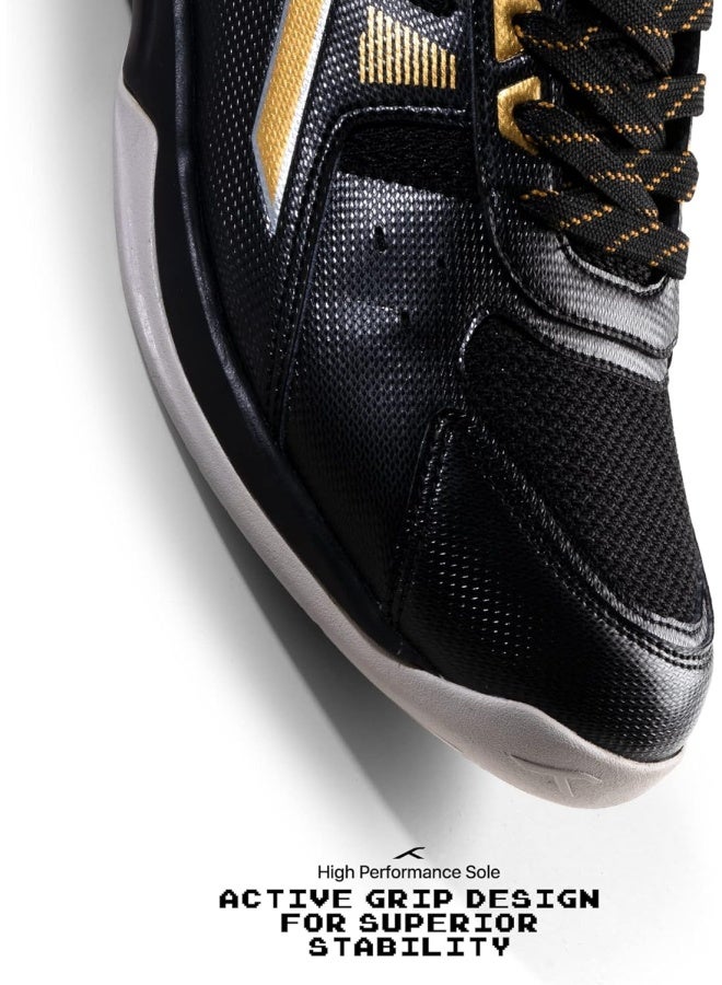 HUNDRED Raze Badminton Shoes (Non Marking) | Lightweight & Durable | X-Cushion, Active Grip Sole, Toe Assist (Black/Gold, 8UK) - Image 5