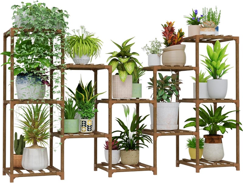 Bamworld Large Plant Shelf Outdoor Wood Plant Stand Large Rack for Living Room Patio, Balcony and Garden - Image 1