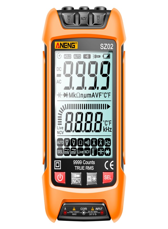 أنينج ANENG SZ02 جهاز قياس متعدد رقمي ذكي، نطاق تلقائي 9999 عداد، NCV، جهاز اختبار متعدد الوظائف محمول باليد، فولتميتر، مقياس التيار الكهربائي، مع مصباح يدوي، مقاومة الجهد والتيار المتردد/المستمر - Image 1