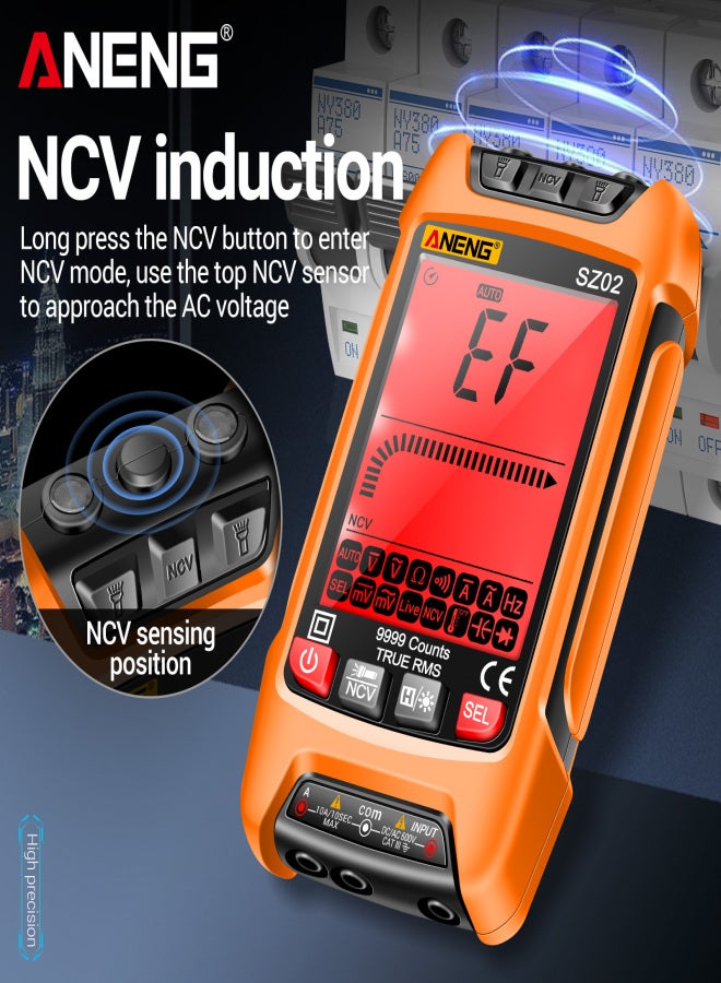 أنينج ANENG SZ02 جهاز قياس متعدد رقمي ذكي، نطاق تلقائي 9999 عداد، NCV، جهاز اختبار متعدد الوظائف محمول باليد، فولتميتر، مقياس التيار الكهربائي، مع مصباح يدوي، مقاومة الجهد والتيار المتردد/المستمر - Image 4