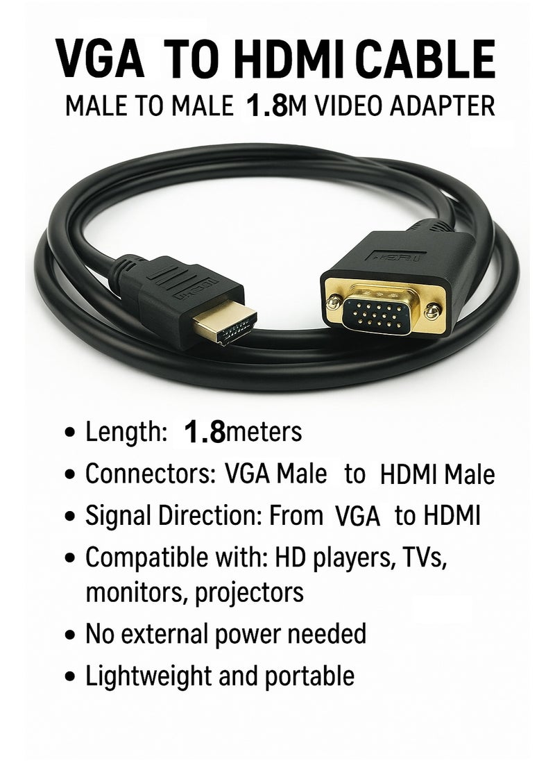 FUJISHKA VGA Male to HDMI Male Adapter Cable 1.8M – Black (One Direction: VGA to HDMI)  - Image 3