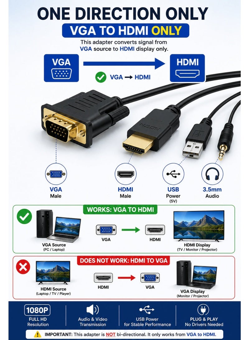 فوجيشكا كيبل محول VGA ذكر إلى HDMI ذكر بطول 1.8 متر مع USB للطاقة ومدخل صوت 3.5 مم – اتجاه واحد (VGA إلى HDMI) - Image 2