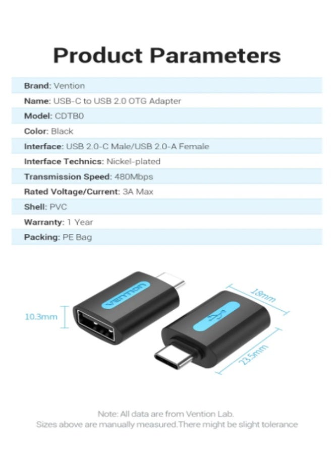 Vention USB-C Male to USB 2.0 Female OTG Adapter Black PVC Type - Image 2