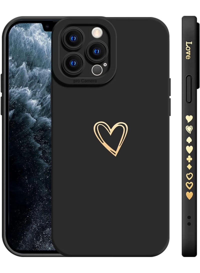 جراب iPhone 13 Pro فاخر من السيليكون السائل الناعم بنمط قلب ذهبي للنساء والفتيات، جراب هاتف نحيف بنمط قلب لطيف مطلي من الجانب (أسود) - Image 1